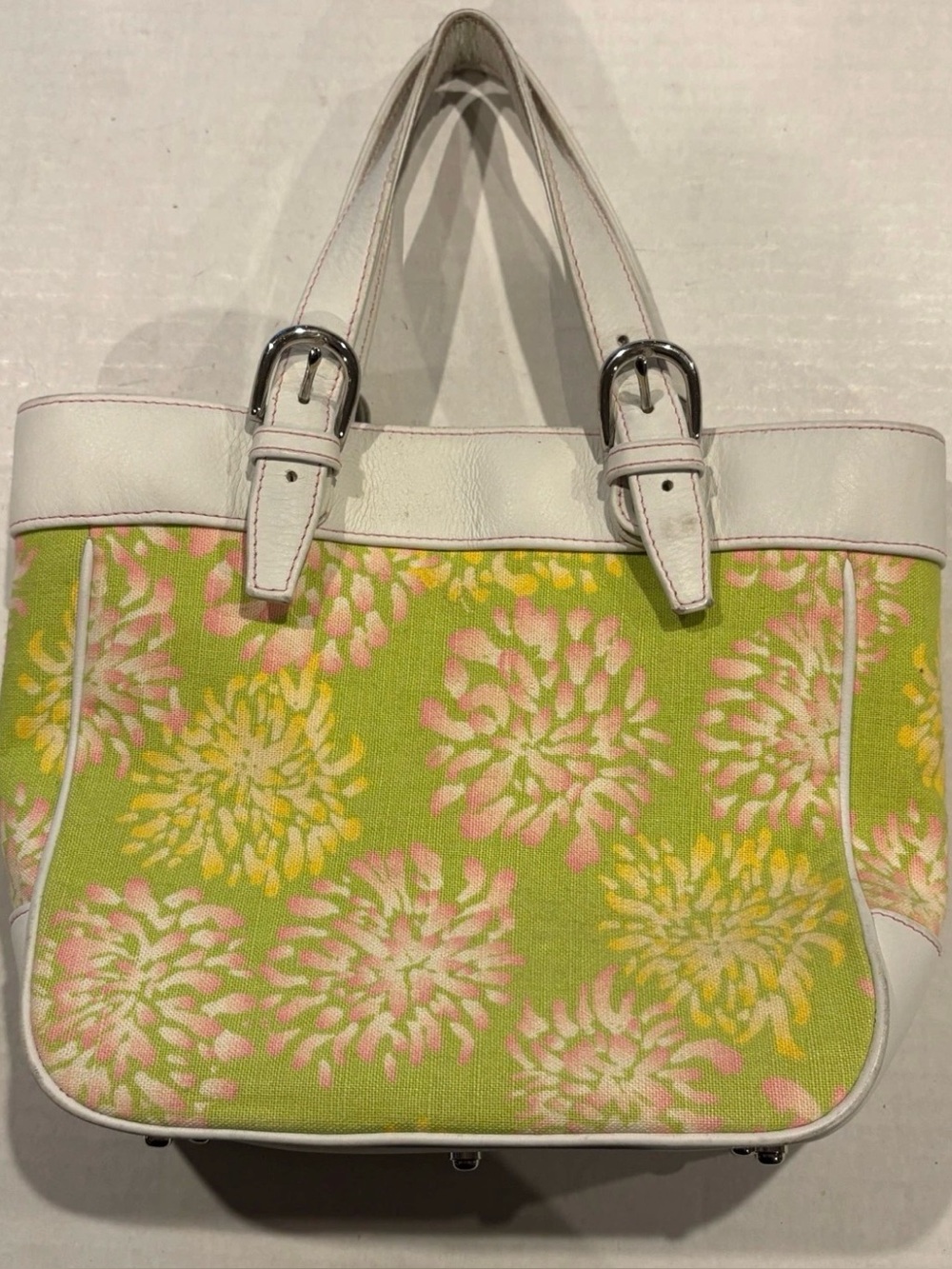 SEACLOTH Greenwich CT Green & Pink Floral Canvas & Leather Tote Handbag